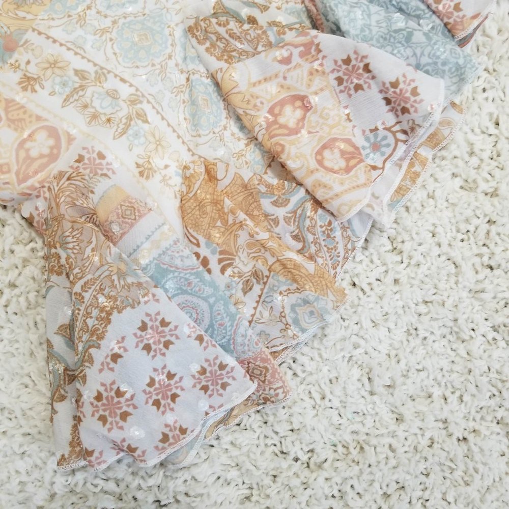 Dress. Aqua Tan Cream Gold. Paisley Floral Print. Peach Love Brand. Size L. NWT. - Picture 10 of 13